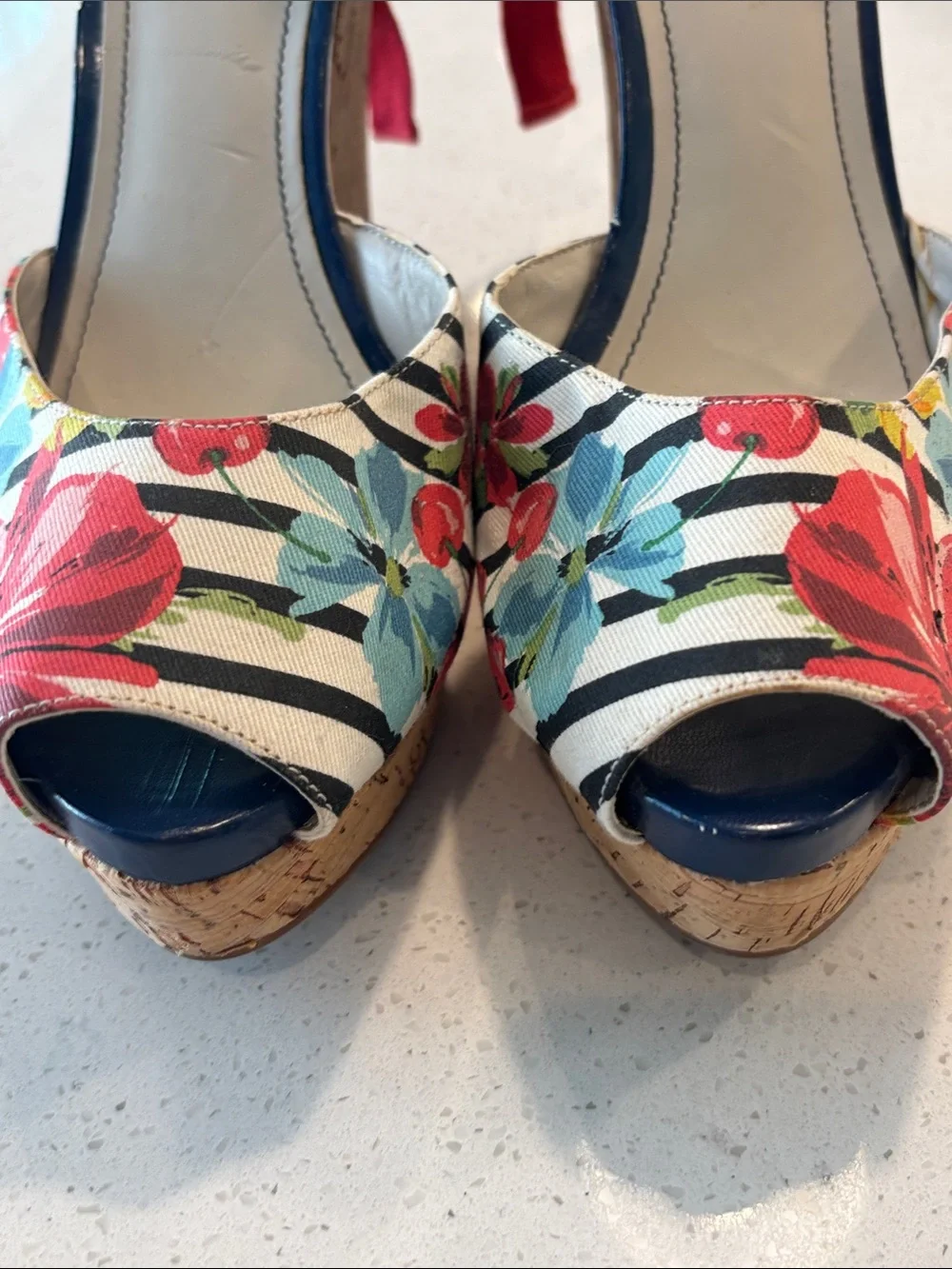 Nine West Floral & Striped Ankle-Tie Cork Wedge Sandals - Women's Size 10
